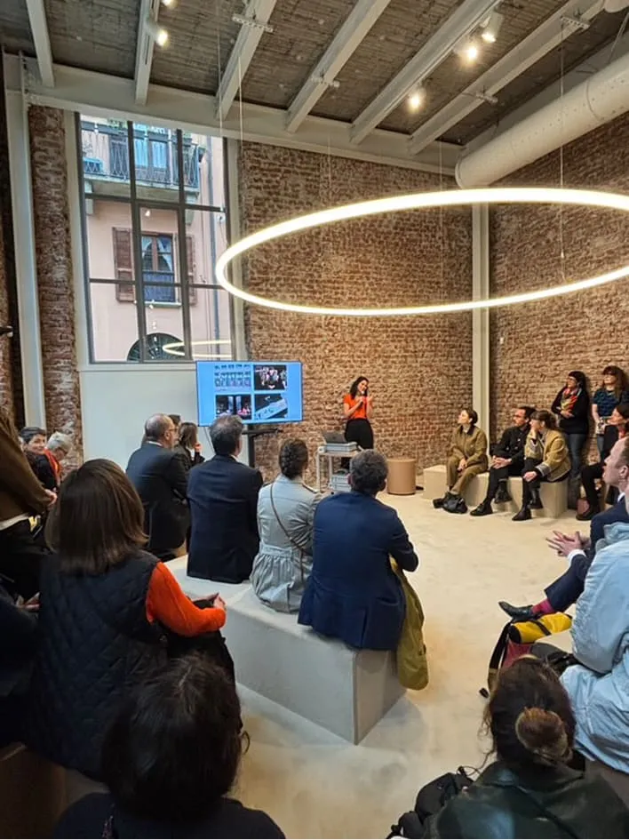 Karen Pisoni giving a conference at House of Switzerland, Milano Design week 2025