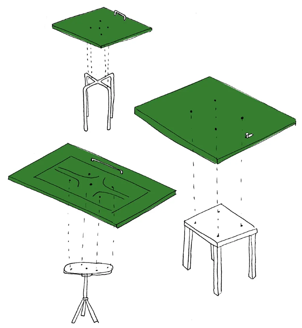 Un dessin d'une table et d'un tabouret