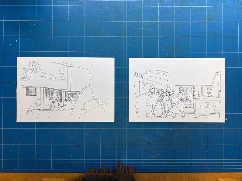 Deux dessins de personnes debout dans une pièce