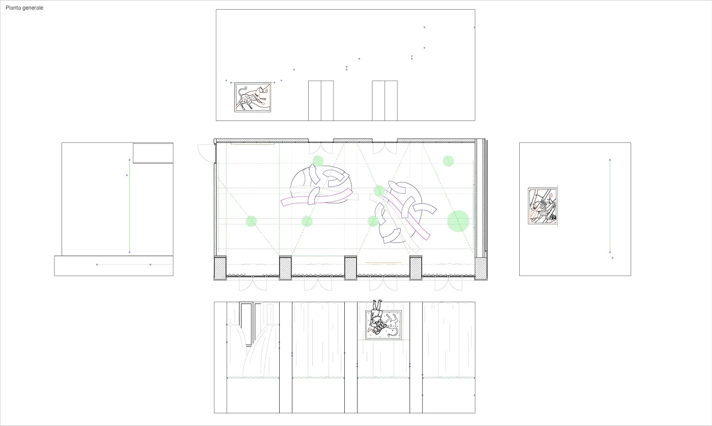 Un dessin d'une pièce avec un dessin sur le mur